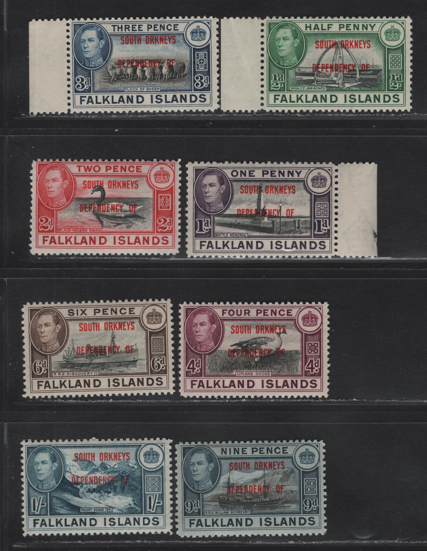Lot 119 Falkland Islands Dependencies SG#C1-C8 1/2d - 1/- Black & Green - Deep Blue Whaltes Jawbone - Mount Sugar Top, 1944-1945 KGVI Pictorial Overprints, 8 FNH Singles, South Orkneys, As Lot 118 But All Fine Centering