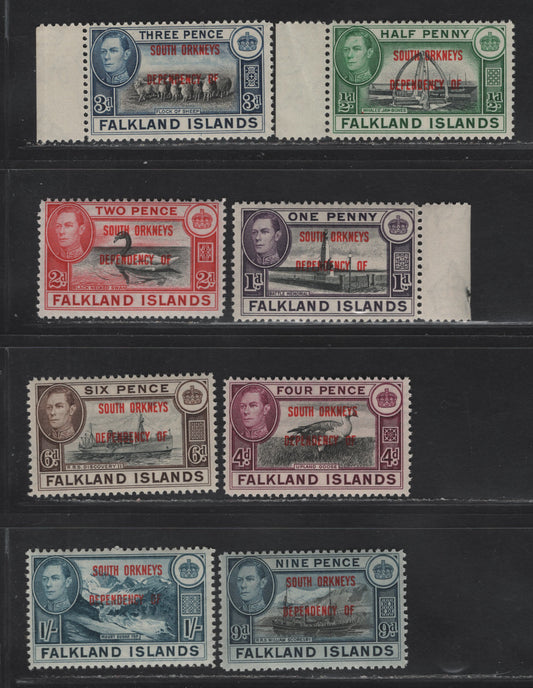 Lot 119 Falkland Islands Dependencies SG#C1-C8 1/2d - 1/- Black & Green - Deep Blue Whaltes Jawbone - Mount Sugar Top, 1944-1945 KGVI Pictorial Overprints, 8 FNH Singles, South Orkneys, As Lot 118 But All Fine Centering
