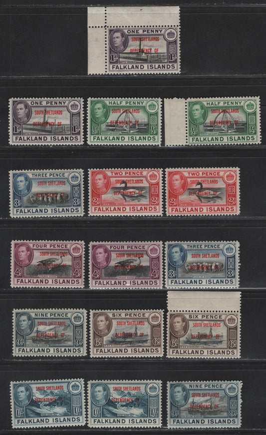 Lot 120 Falkland Islands Dependencies SG#D1-D8 1/2d - 1/- Black & Green - Deep Blue Whaltes Jawbone - Mount Sugar Top, 1944-1945 KGVI Pictorial Overprints, 16 VFNH Singles, South Shetlands, Showing Shade Differences Due To Uses On 1944 & 1945 Printings