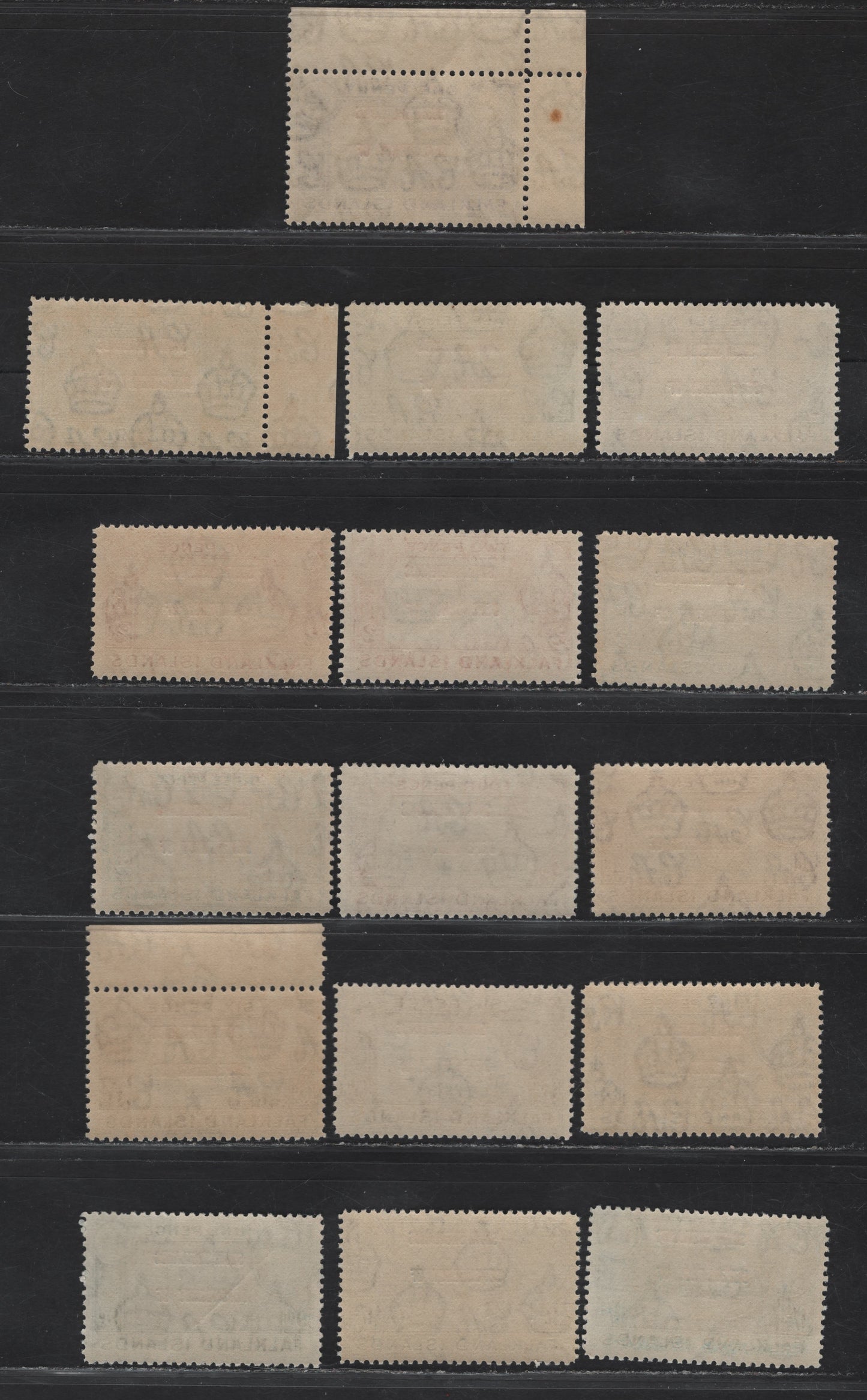 Lot 120 Falkland Islands Dependencies SG#D1-D8 1/2d - 1/- Black & Green - Deep Blue Whaltes Jawbone - Mount Sugar Top, 1944-1945 KGVI Pictorial Overprints, 16 VFNH Singles, South Shetlands, Showing Shade Differences Due To Uses On 1944 & 1945 Printings