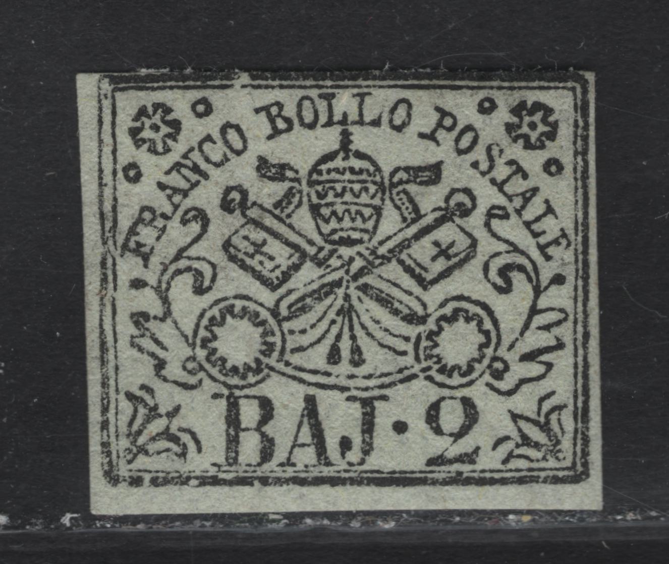 Lot 12 Roman States SC#3 2baj Black On Greenish White Papal Arms, 1852 Arms Issue, A FOG Single