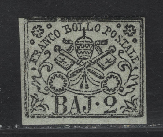 Lot 12 Roman States SC#3 2baj Black On Greenish White Papal Arms, 1852 Arms Issue, A FOG Single