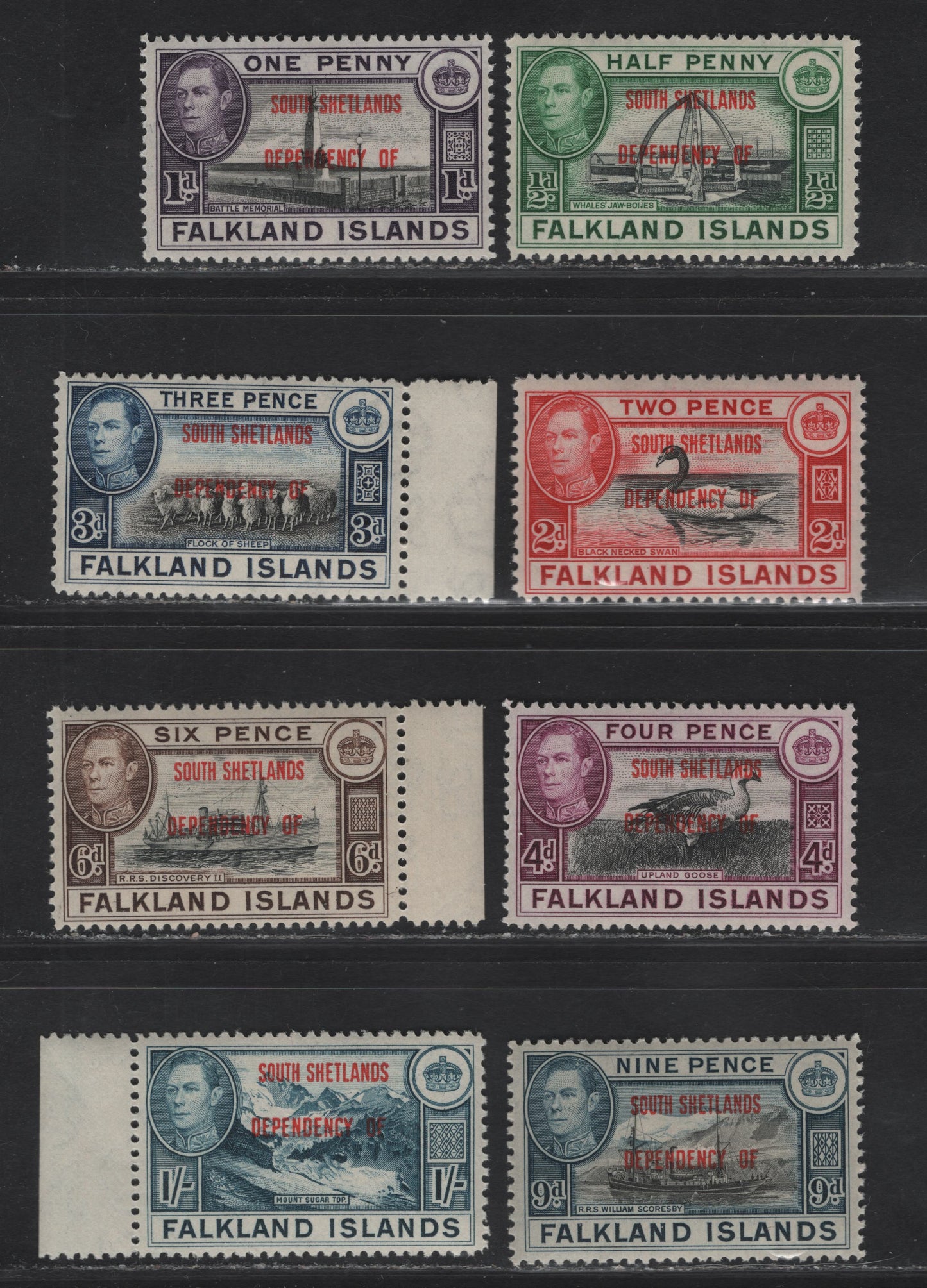 Lot 121 Falkland Islands Dependencies SG#D1-D8 1/2d - 1/- Black & Green - Deep Blue Whaltes Jawbone - Mount Sugar Top, 1944-1945 KGVI Pictorial Overprints, 8 VFNH Singles, South Shetlands, Basic Set Of Overprints