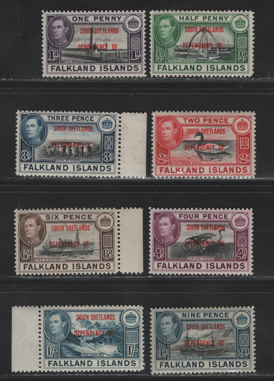 Lot 121 Falkland Islands Dependencies SG#D1-D8 1/2d - 1/- Black & Green - Deep Blue Whaltes Jawbone - Mount Sugar Top, 1944-1945 KGVI Pictorial Overprints, 8 VFNH Singles, South Shetlands, Basic Set Of Overprints