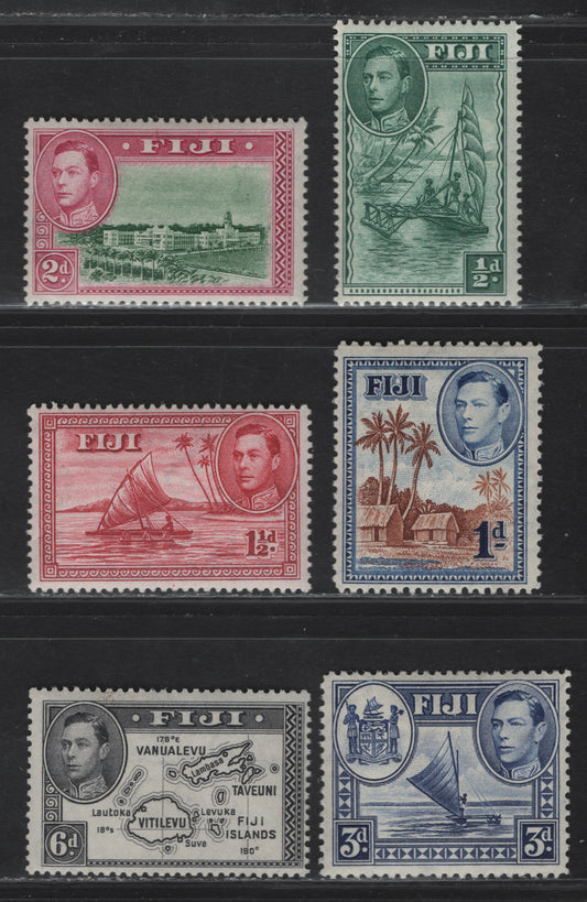 Lot 123 (C) Fiji SG#249, 252a, 250, 255, 257, 261a 1/2d - 6d Green - Violet Black Native Sailing Canoe - Map of Fiji Islands, 1938-1955 KGVI Pictorial Issue, 6 F/VFOG/NH Singles, 1.5d Is Deep Carmine, All Wartime Printings