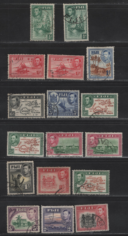 Lot 125 (C) Fiji SG#249,b, 252,c, 253, 255-a, 256,c, 257, 261b,d, 262-264, 266 1/2d - 5/- Green - Green & Purple Native Sailing Canoe - Chief's Hut, 1938-1955 KGVI Definitive Issue, 17 Fine/Very Fine Used Singles, Various Perfs
