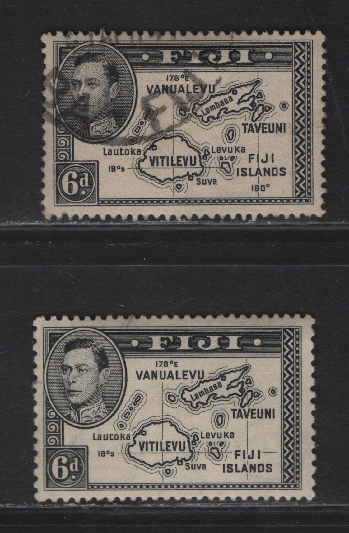 Lot 126 Fiji SG#260-261a 6d Black - Violet Black Map Of Fiji Islands, 1938-1955 KGVI Definitive Issue, 2 Very Fine Used Singles, Die 1 Perf 13x12 (6d Black), Die 2 Perf 13.5 (6d Violet Black)