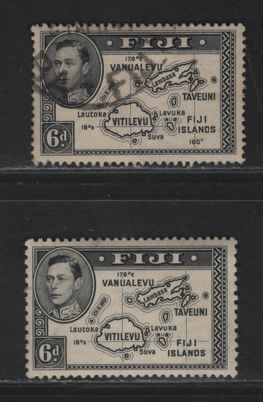 Lot 126 Fiji SG#260-261a 6d Black - Violet Black Map Of Fiji Islands, 1938-1955 KGVI Definitive Issue, 2 Very Fine Used Singles, Die 1 Perf 13x12 (6d Black), Die 2 Perf 13.5 (6d Violet Black)