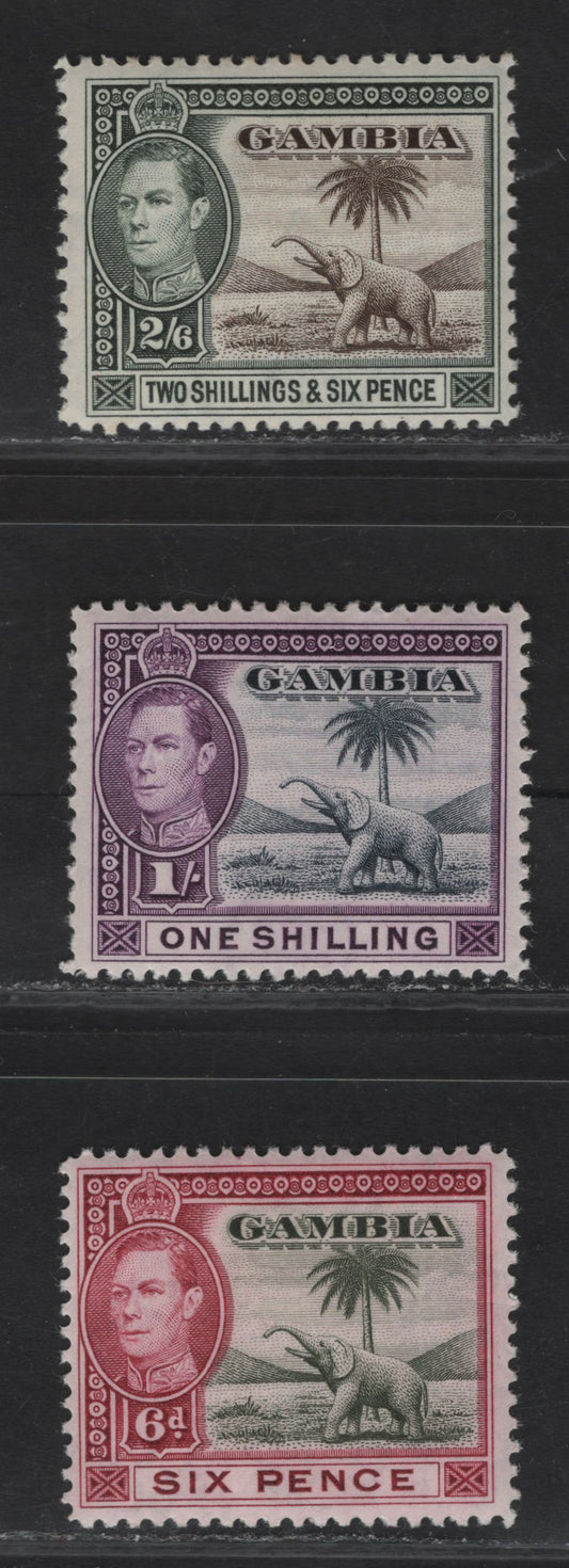 Lot 128 Gambia SG#155-156, 158 6d - 2/6 Olive Green & Claret - Sepia & Dull Green Elephant, 1938-1946 Colonial Badge Definitive Issue, 3 F/VFOG Singles, 1938 Printings