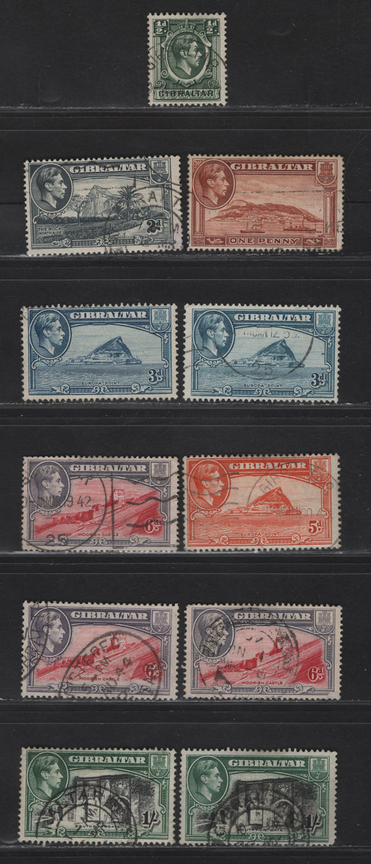 Lot 130 (C) Gibraltar SG#121-124a, 125b,bb,c, 126-b, 127a-b 1/2d - 1/- Deep Green - Black & Green King George VI - Southport Gate, 1938-1951 KGVI Pictorial Issue, 11 Fine/Very Fine Used Singles, Various Printings
