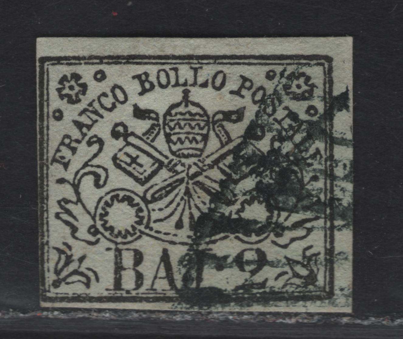 Lot 13 Roman States SC#3 2baj Black On Greenish White Papal Arms, 1852 Arms Issue, A Fine Used Single