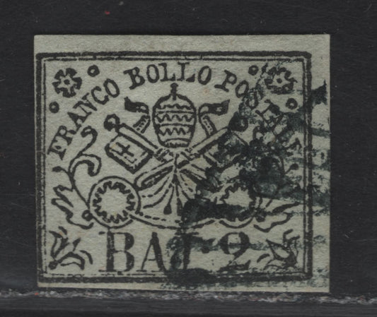 Lot 13 Roman States SC#3 2baj Black On Greenish White Papal Arms, 1852 Arms Issue, A Fine Used Single