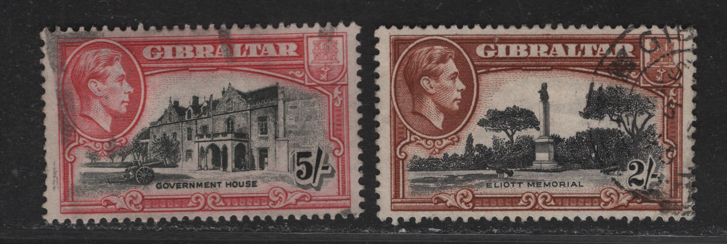 Lot 131 Gibraltar SG#128b, 129b 2/- - 5/- Black & Red Brown - Black & Carmine Eliott memorial - Govt House, 1938-1951 KGVI Pictorial Issue, 2 Fine/Very Fine Used Singles, 1942 & 1944 Printings