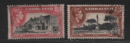 Lot 131 Gibraltar SG#128b, 129b 2/- - 5/- Black & Red Brown - Black & Carmine Eliott memorial - Govt House, 1938-1951 KGVI Pictorial Issue, 2 Fine/Very Fine Used Singles, 1942 & 1944 Printings