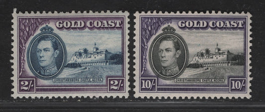 Lot 132 Gold Coast SG#130a, 132 2/-, 10/- Blue & Violet - Black & Violet Christiansburg Castle, 1938-1943 Christiansburg Castle Definitive Issue, 2 FOG Singles, Comb Perf 11.5x12, 1940 Printings