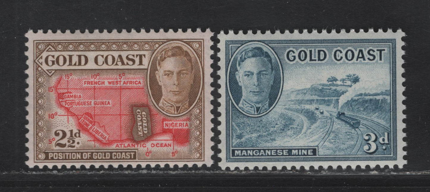 Lot 133 Gold Coast SG#139-140 2.5d - 3d Yellow Brown & Scarlet - Dull Blue Map - Nsuta Manganese Mine, 1948-1952 KGVI Pictorial Issue, 2 VFNH Singles