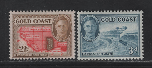 Lot 133 Gold Coast SG#139-140 2.5d - 3d Yellow Brown & Scarlet - Dull Blue Map - Nsuta Manganese Mine, 1948-1952 KGVI Pictorial Issue, 2 VFNH Singles