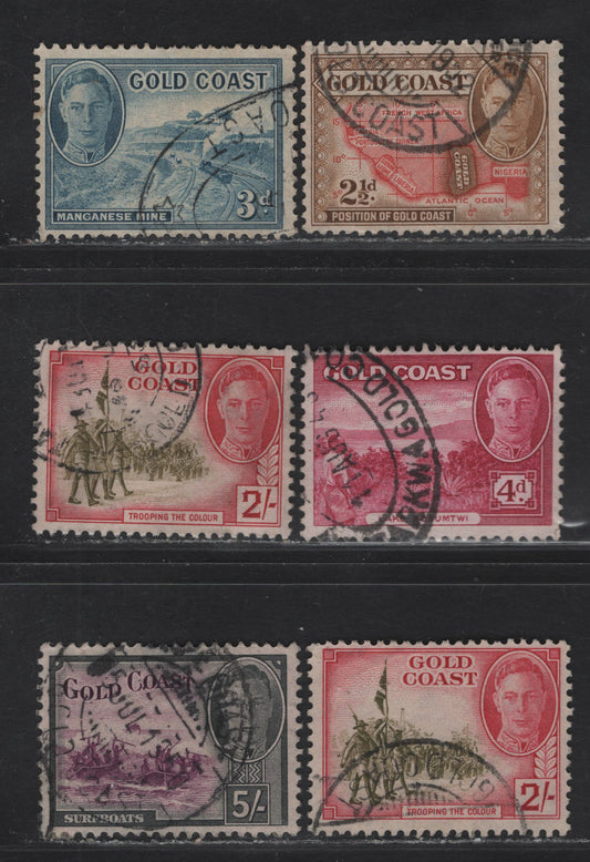 Lot 135 Gold Coast SG#139-141, 144-145 2.5d - 35/- Yellow Brown & Scarlet - Purple & Black Map - Surfboats, 1948-1952 KGVI Pictorial Issue, 6 Fine/Very Fine Used Singles, Two Printings Of The 2/-, These Are All Less Commonly Seen Values