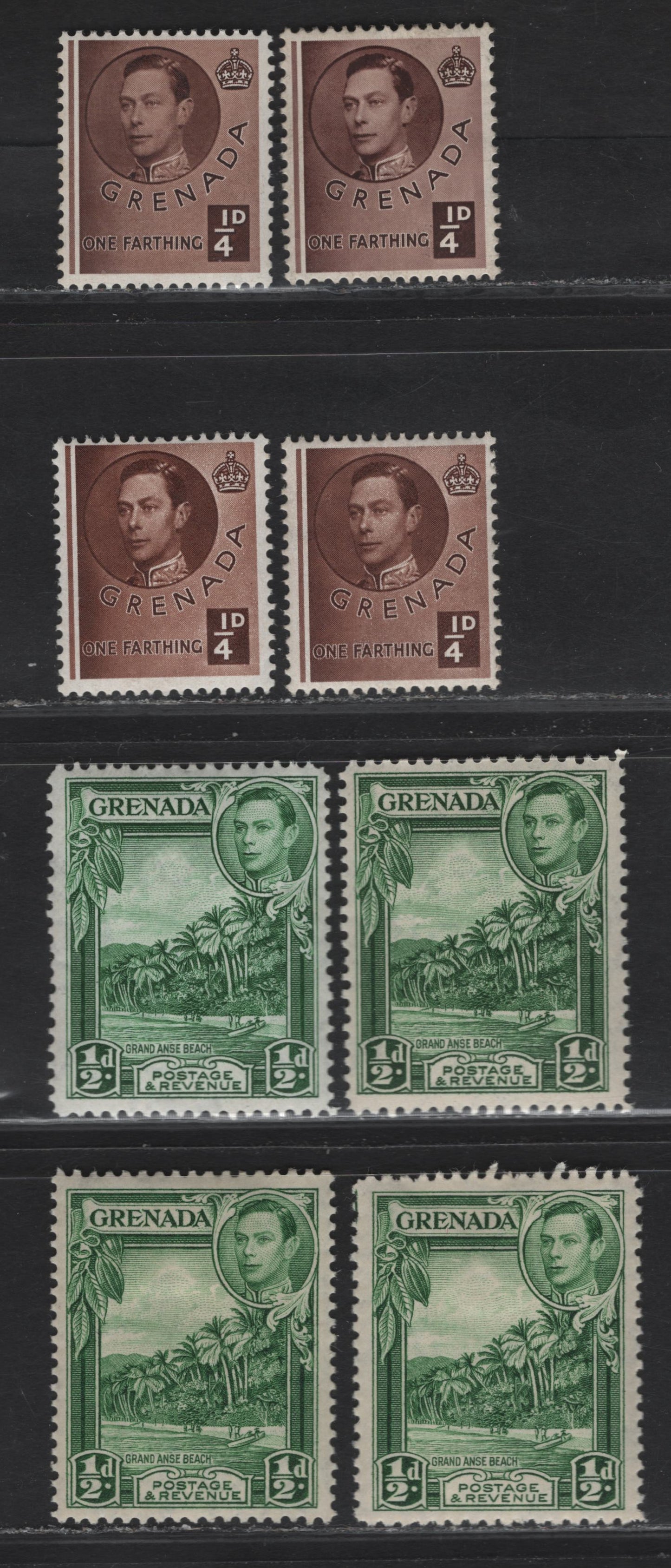 Lot 137 (C) Grenada SG#152-, 153a-b 1/4d - 1/2d Brown - Yellowish Green King George VI - Grand Anse Beach, 1937-1950 KGVI Caravel Definitive Issues, 8 F/VFOG Singles, 1/4d On Chalky & Ordinary Paper, Perfs 12.5 and12.5x13.5