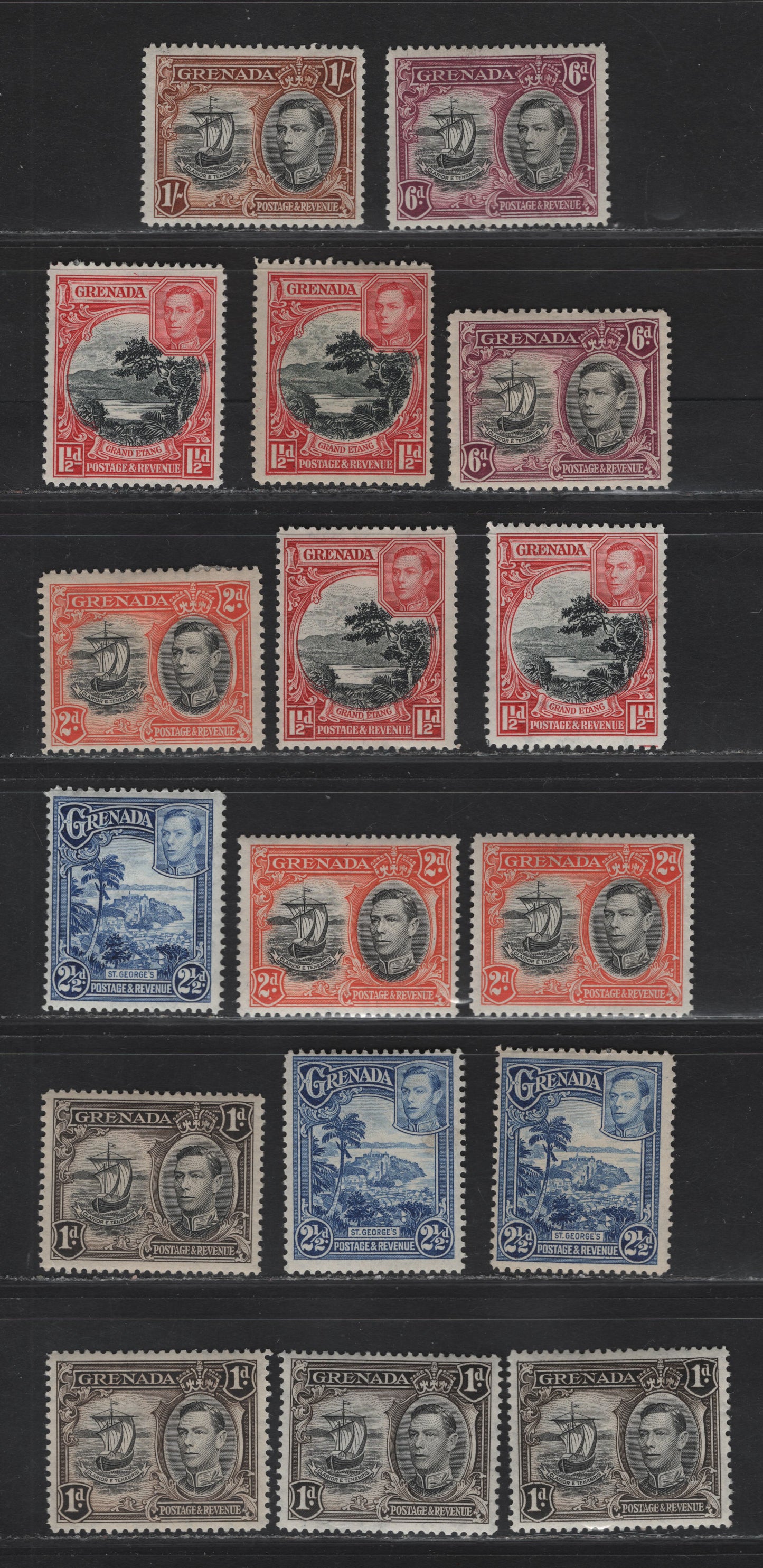 Lot 138 Grenada SG#154-156,b, 157, 159-160 1d - 1/- Black & Sepia - Black & Red Brown, 1938-1950 KGVI Caravel Definitive Issue, 17 F/VFOG Singles, Selection Of 1938 & Wartime Printings, Different Shades, Mostly Perf 12.5