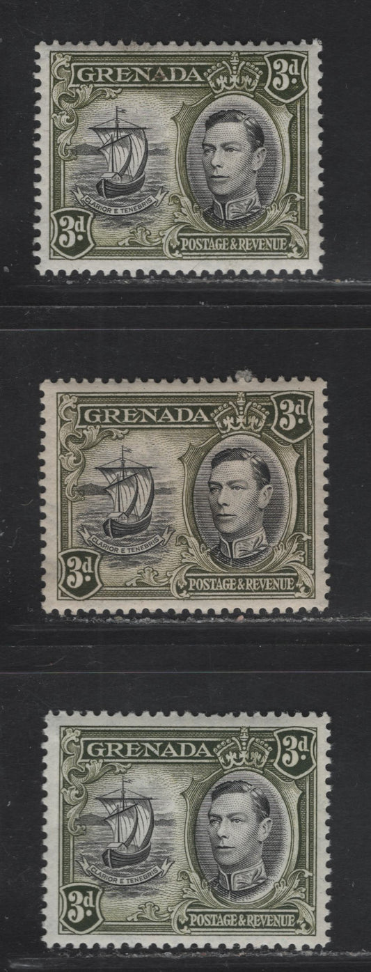 Lot 139 (C) Grenada SG#158,a,ab 3d - 1/- Black & Olive Green - Black & Brown Badge of the Colony, 1938-1950 KGVI Caravel Definitive Issue, 3 VFOG Singles, Perf 12.5 & 13.5x12.5, 1938 & 1942 Printings