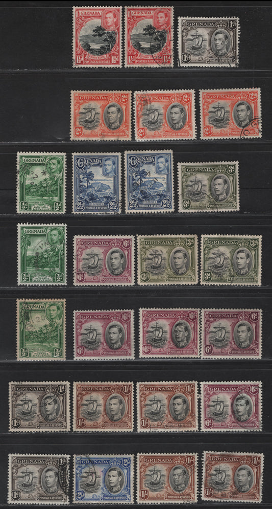Lot 140 (C) Grenada SG#153a,ba, 154,b, 155a, 156,b, 157, 158a,ab,b, 159-a, 160-a, 161a 1/2d - 2/- Blue Green - Black & Ultramarine , 1938-1950 KGVI Caravel Definitive Issue, 26 Fine/Very Fine Used Singles, Perfs 12.5 & 13.5x12.5, Shades