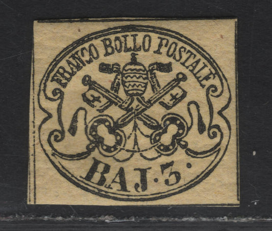 Lot 14 Roman States SC#4c 3baj Black on Yellow Buff Papal Arms, 1852 Arms Issue, A VFOG Single, Full 1/2mm Margins On All Sides & Traces Of Dividing Lines On All Sides, Displaying All 12 Characteristics Of The Genuine Stamp, Full Crackly Gum.