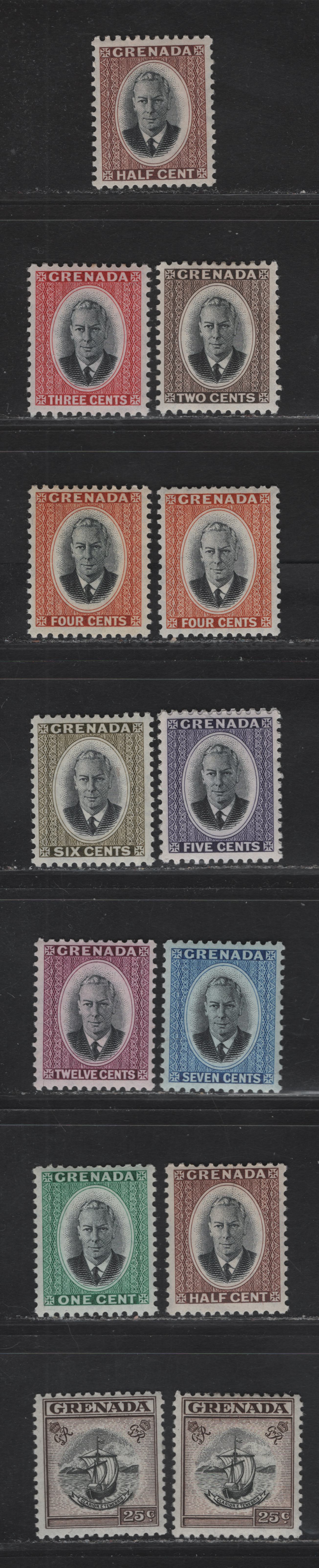 Lot 141 (C) Grenada SG#172-181 1/2c - 25c Black & Red Brown - Black & Sepia King George VI - Badge of the Colony, 1951 KGVI Definitive Issue, 13 VFOG Singles, Some Additional Shades