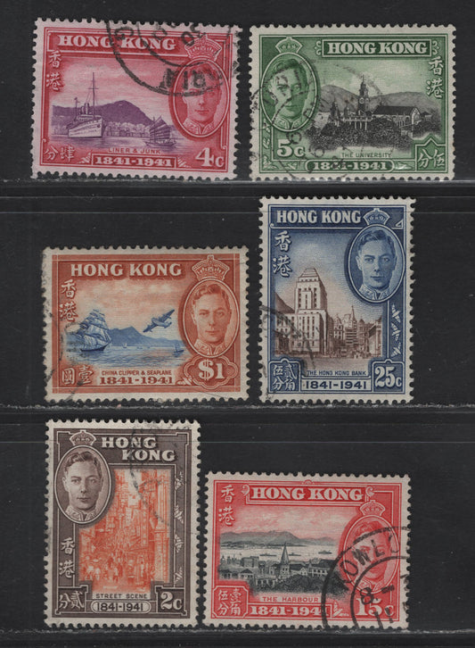 Lot 144 (C) Hong Kong SG#163-168 2c - $1 Orange & Chocolate - Blue & Orange Street Scene - Falcon Clipper, 1941 Centenary of British Occupation Issue, 6 Fine/Very Fine Used Singles, 2c Has A Light Diagonal Crease, 4c Has Few Short Perfs