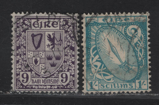 Lot 146 Ireland SG#80, 82 9d - 1/- Deep Violet - Light Blue Sword of Light - Arms, 1922-1934 Sword of Light, Map, Arms & Celtic Cross Issue, 2 Very Fine Used Singles