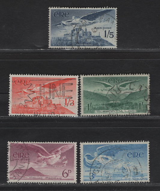 Lot 147 Ireland SG#141-143b 3d - 1/5 Blue - Deep Ultramarine Angel Victor Over Rock of Cashel - Over Glendalough, 1948-1965 Airmail Issue, 5 Very Fine Used Singles