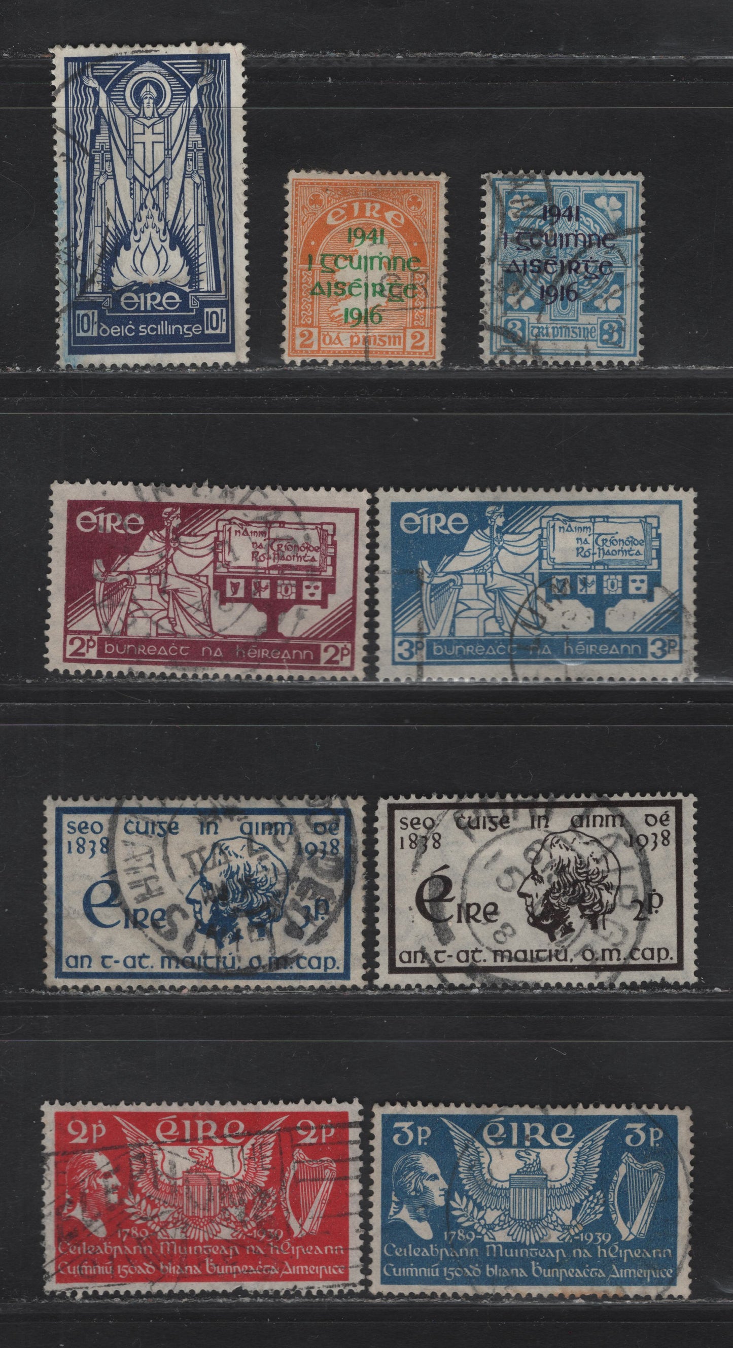 Lot 148 (C) Ireland SG#105-110, 125-127 2d - 3d Claret - Blue George Washington - Celtic Cross, 1937 Constitution Day - 25th Anniv of Easter Rising Issues, 9 Fine/Very Fine Used Singles, #126 Has A Diagonal Crease