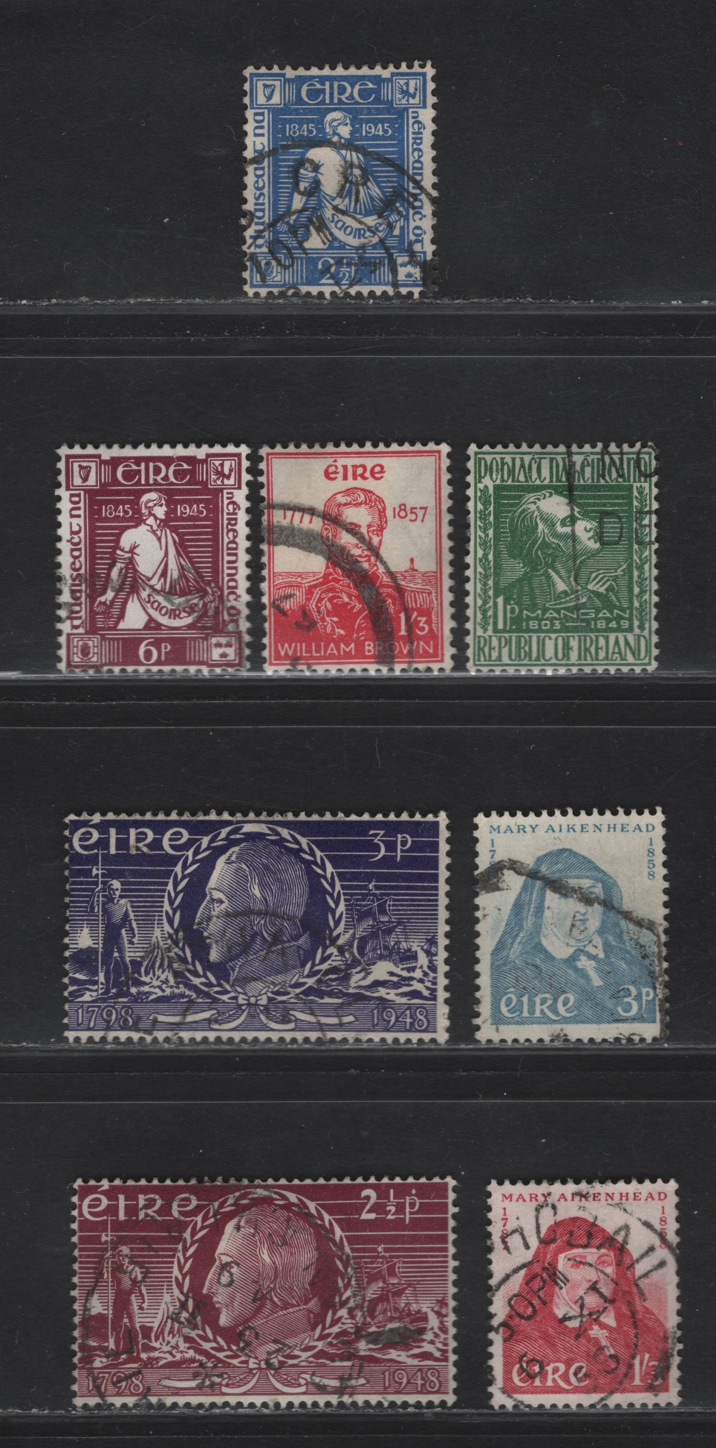 Lot 149 (C) Ireland SG#136-137, 144-145, 148, 169, 174-175 2.5d - 1/3 Blue - Rose Carmine Youth Sowing Seeds of Freedom - Mother Mary Aikenhead Issues, 1945-1958 Death Centenary Of Thomas David - Mary Aikenhead Issues, 8 Fine/Very Fine Used Singles