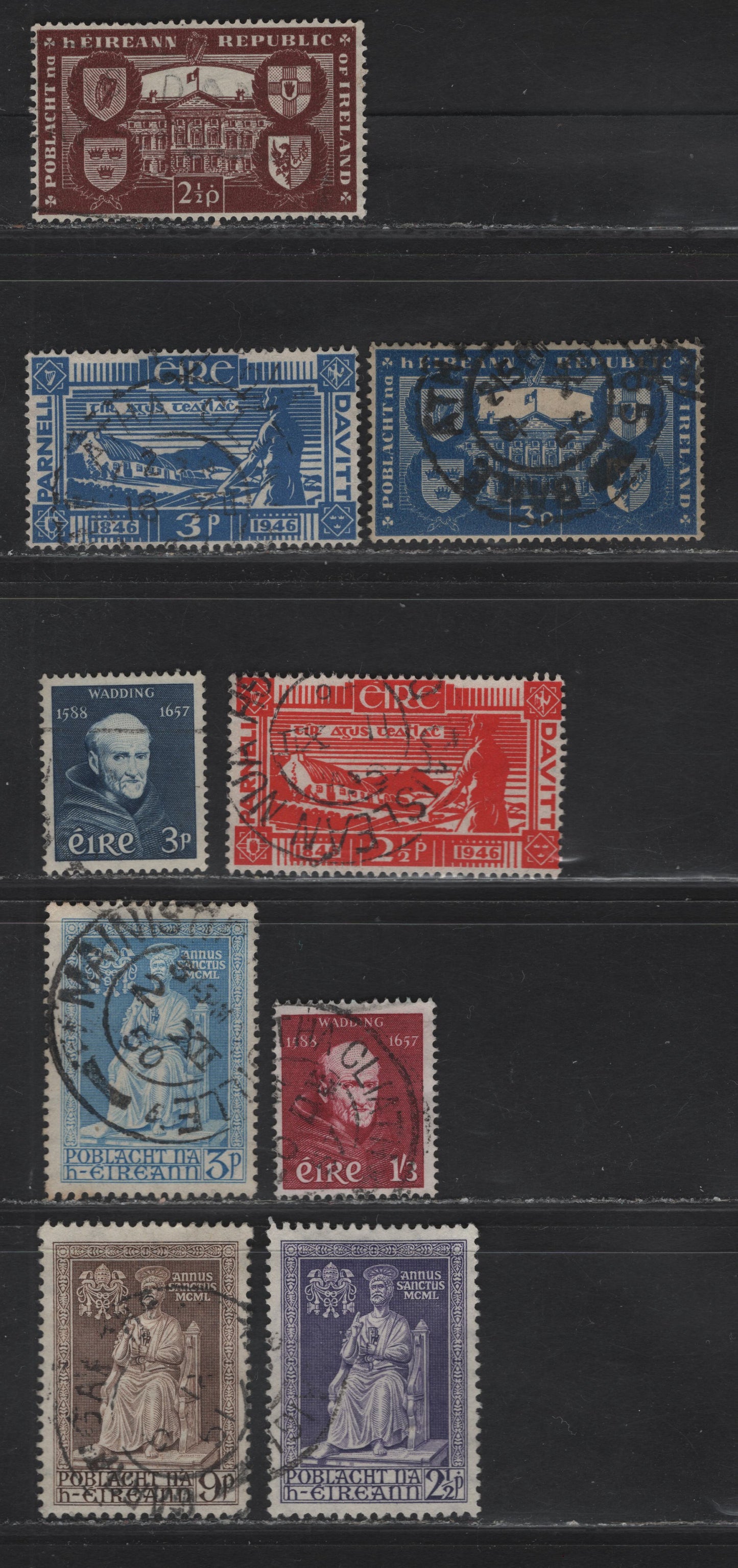 Lot 150 (C) Ireland SG#138-139, 146-147, 149-151, 170-171 2.5d - 1/3 Scarlet - Lake Country & Homestead - Father Wadding, 1946-1957 Davitt & Parnell - Father Luke Wadding Issues, 9 Fine/Very Fine Used Singles