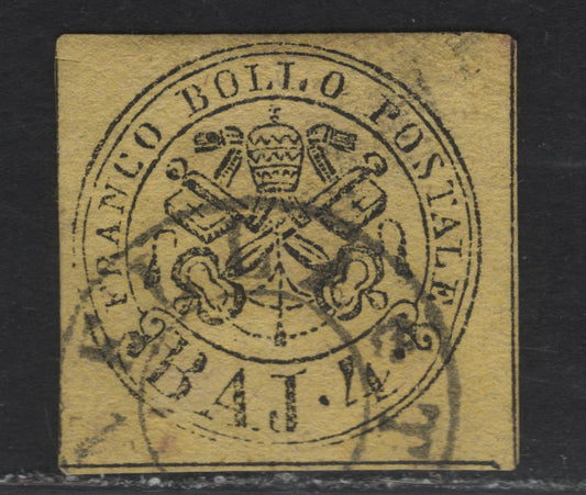 Lot 15 Roman States SC#5 4baj Black on Lemon Papal Arms, 1852 Arms Issue, A Fine Used Single, 4 Full Margins & Traces Of Dividing Lines Visible On All 4 Sides, Displaying All 12 Characteristics Of The Genuine Stamp