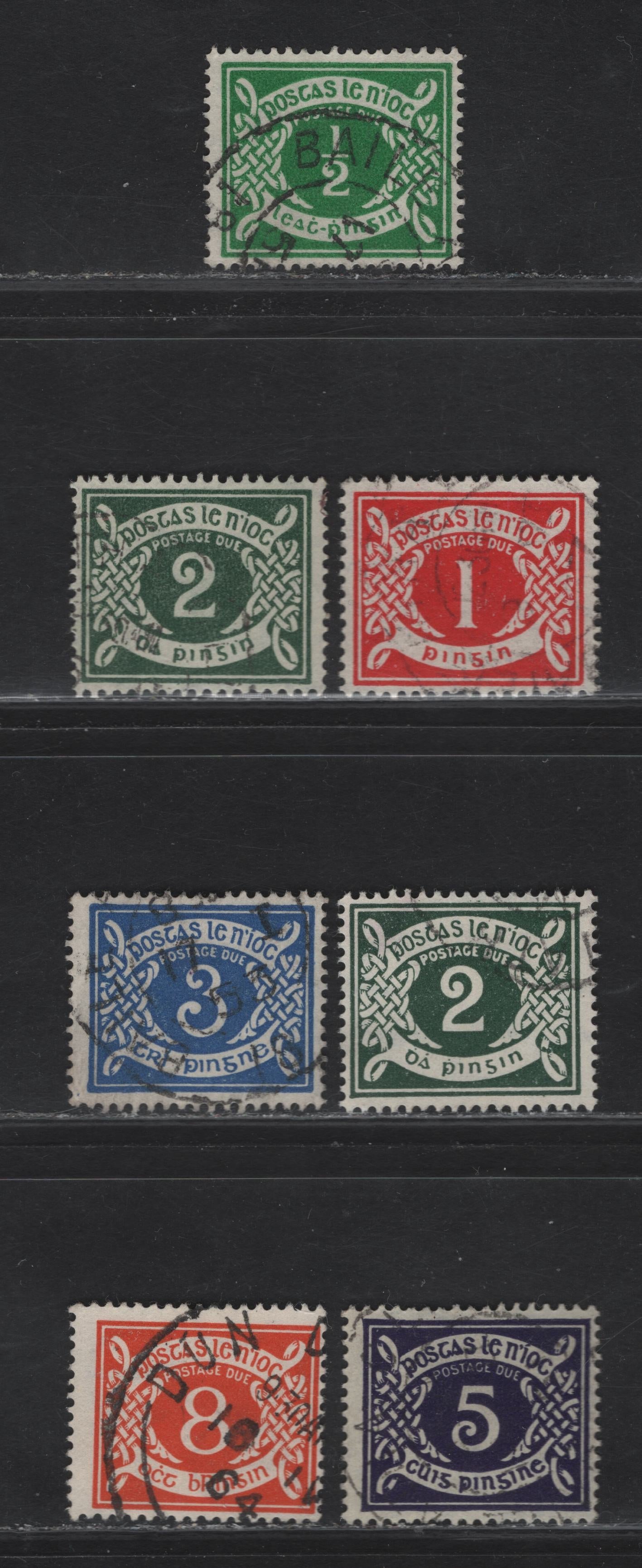 Lot 151 (C) Ireland SG#D5-D6, D8-D10, D12 1/2d - 8d Emerald Green - Orange Numerals, 1940-1970 Postage Dues, 6 Fine/Very Fine Used Singles, E's Wmk