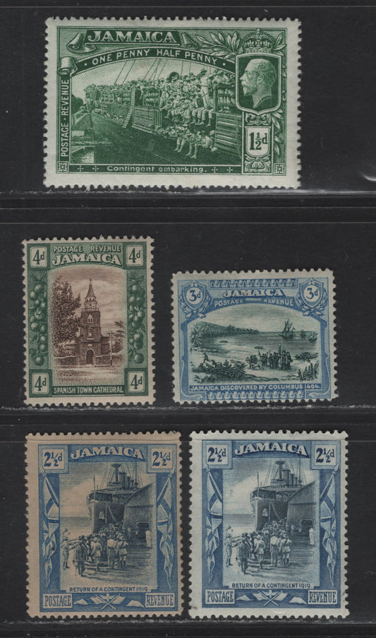Lot 153 (C) Jamaica SG#80, 83, 98-a, 100 135d - 4d Green - Brown & Deep Green War Contingent Embarking - Return of the War Contingent, 1919-1929 KGV Pictorial Issue, 5 F/VFOG Singles, Multiple Crown CA & Script CA Wmks