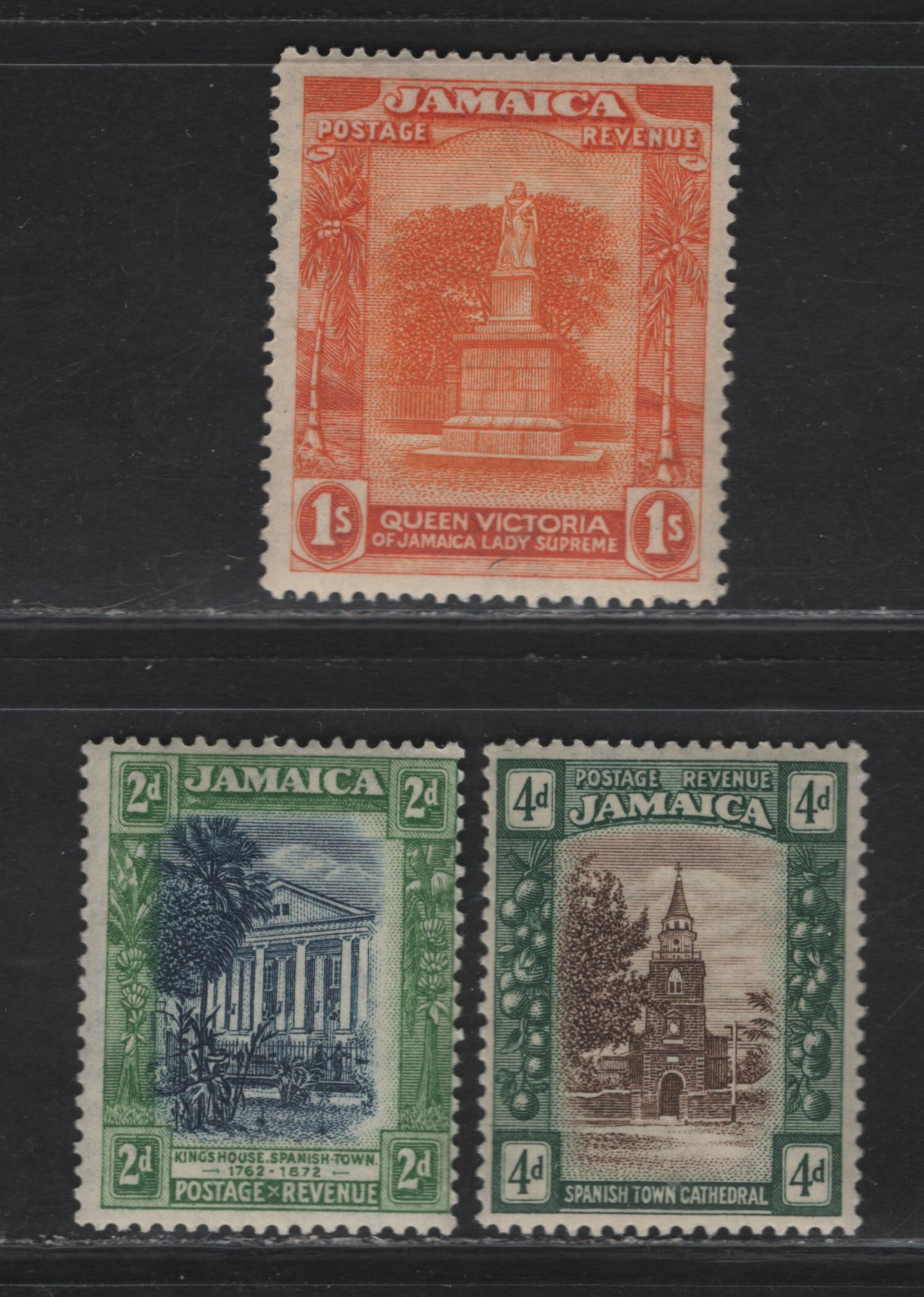 Lot 154 (C) Jamaica SG#97, 100, 102 2d - 1/- Indigo & Green - Orange & Red Orange Kings House - Statue of Queen Victoria, 1921-1929 KGV Pictorial Issue, 3 F/VFNH Singles, Script CA Wmk