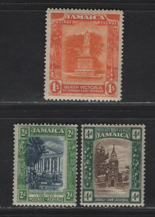 Lot 154 (C) Jamaica SG#97, 100, 102 2d - 1/- Indigo & Green - Orange & Red Orange Kings House - Statue of Queen Victoria, 1921-1929 KGV Pictorial Issue, 3 F/VFNH Singles, Script CA Wmk