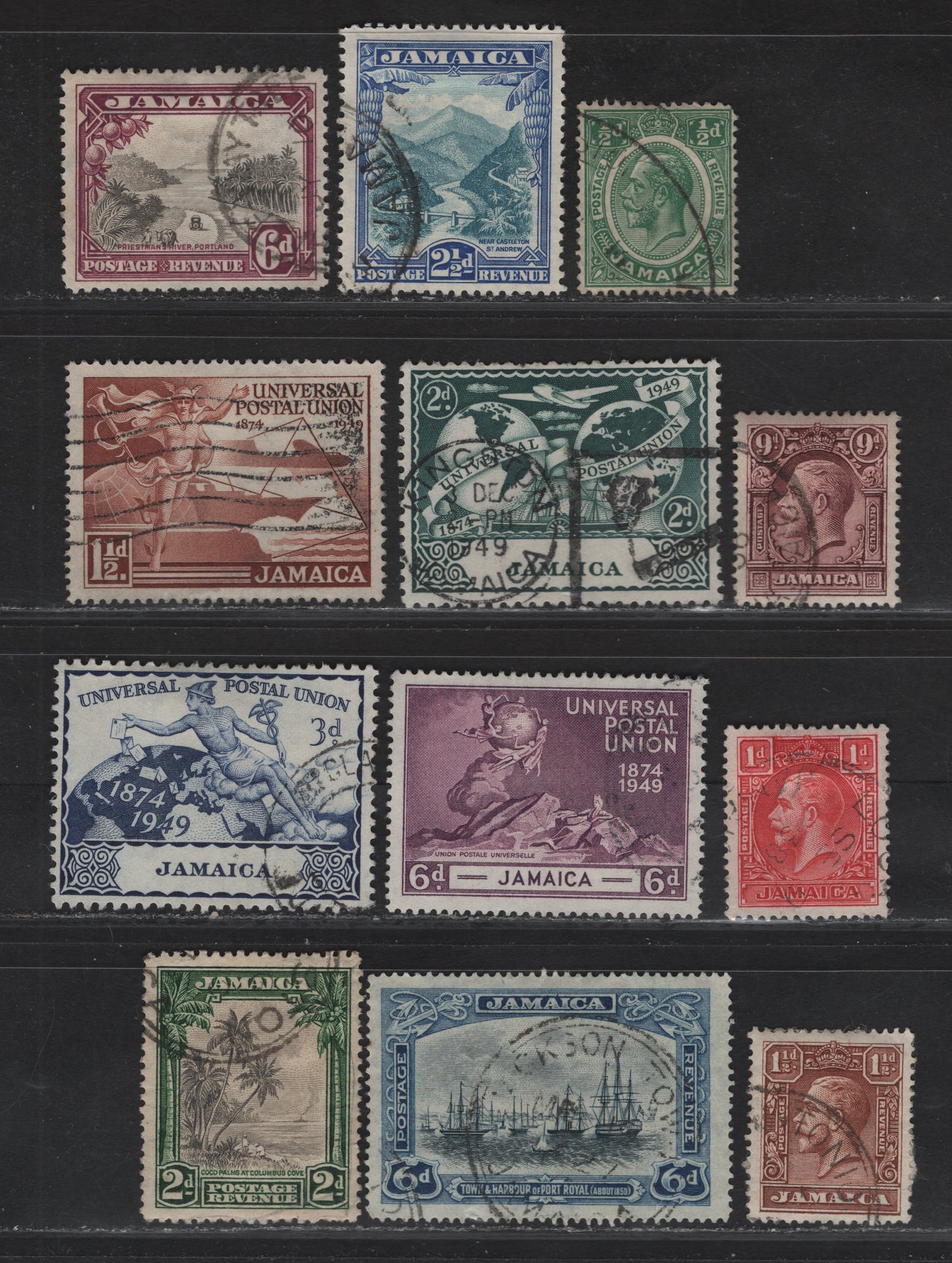 Lot 155 (C) Jamaica SG#92, 101, 108a, 109-110, 111-113, 145-148 1/2d - 6d Green - Purple King George V - King Charles II & King George VI, 1921-1949 KGV Keyplate - UPU Issues, 12 Very Fine Used Singles