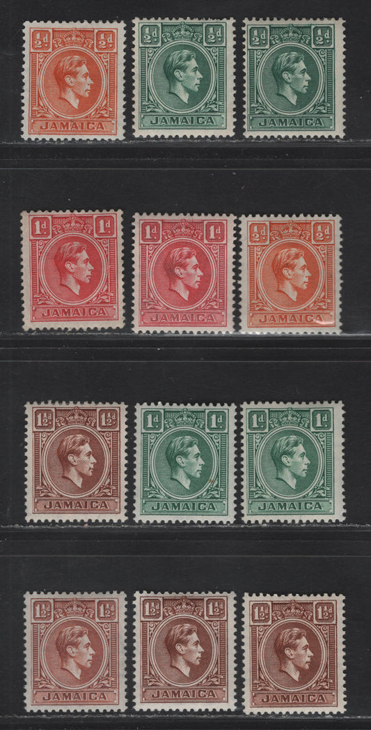 Lot 156 (C) Jamaica SG#121-123 1/2d - 1.5d Blue Green - Brown King George VI, 1938-1952 KGVI Issue, 12 F/VFOG Singles, Various Printings Including Scarce 1.5d Pale Brown