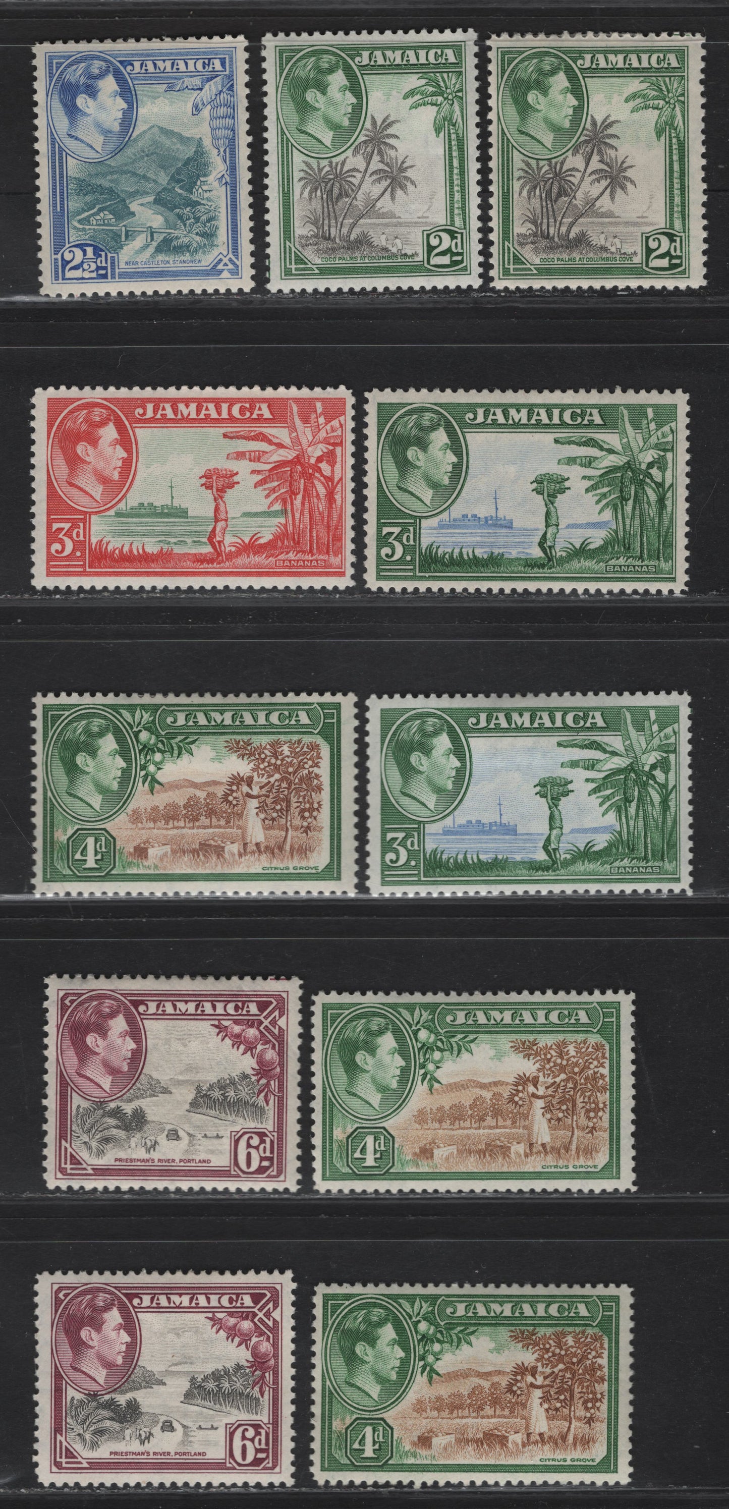 Lot 157 (C) Jamaica SG#124,d, 125-126, c, 127-128 2d - 6d Gray & Green - Gray & Purple Coco Palms - Priestmans River, 1938-1952 KGVI Pictorial Issue, 11 F/VFOG/Nh Singles, Wartime Printings, Perfs 12.5 or 13x13.5, Slightly Different Shades.