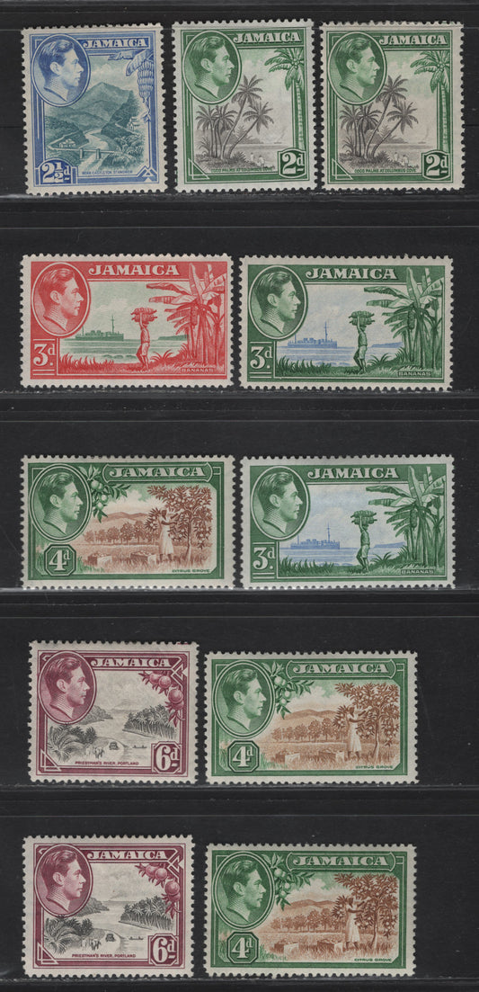 Lot 157 (C) Jamaica SG#124,d, 125-126, c, 127-128 2d - 6d Gray & Green - Gray & Purple Coco Palms - Priestmans River, 1938-1952 KGVI Pictorial Issue, 11 F/VFOG/Nh Singles, Wartime Printings, Perfs 12.5 or 13x13.5, Slightly Different Shades.