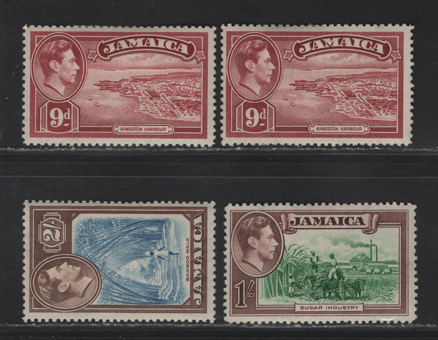 Lot 158 (C) Jamaica SG#129-131 9d - 2/- Lake - Blue & Chocolate Kingston Harbor - Bamboo Walk, 1938-1952 KGVI Pictorial Issue, 4 VFOG Singles, Wartime Printings, Two Shades of Each Value