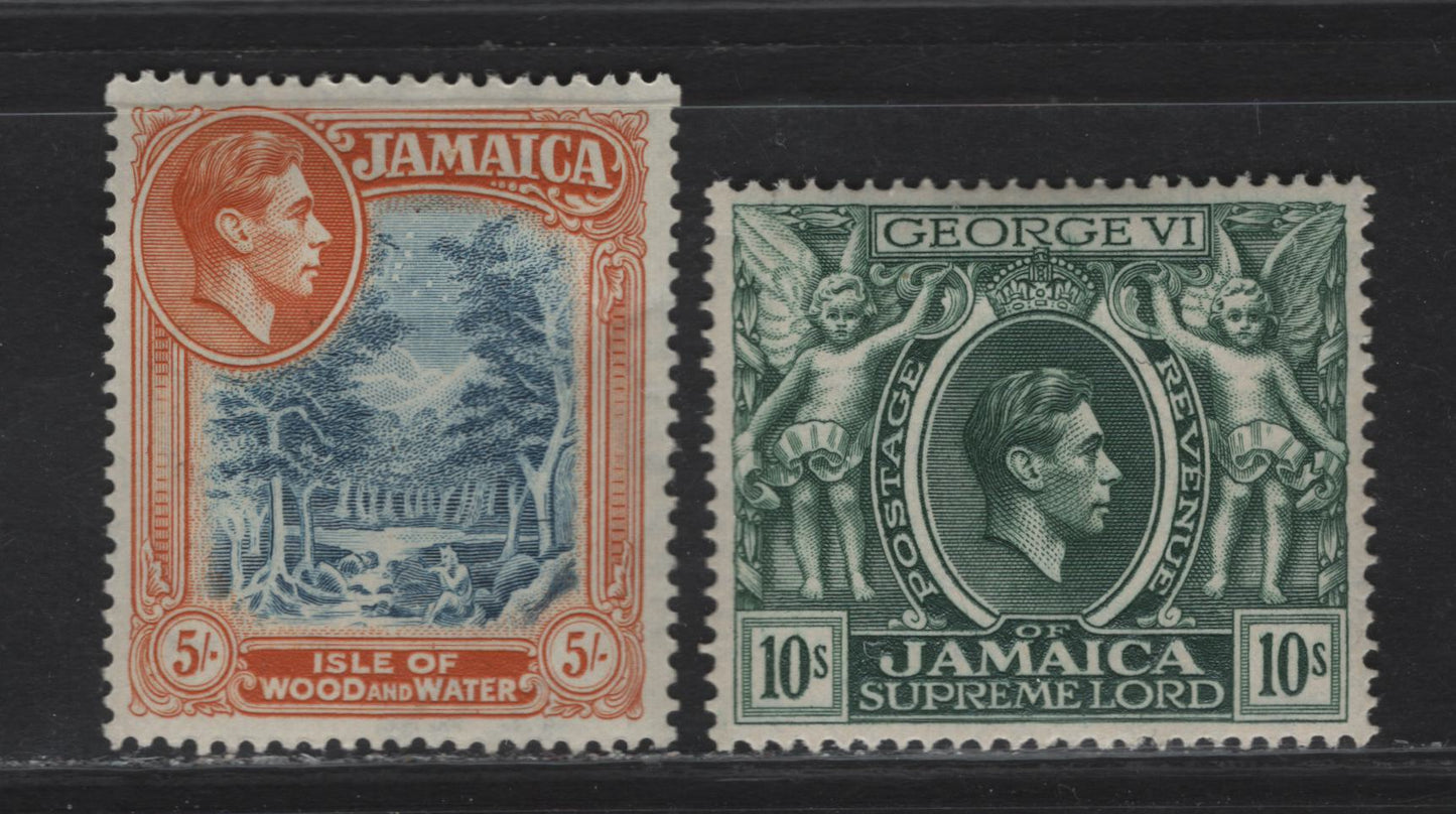 Lot 159 (C) Jamaica SG#132-133 5/- - 10/- Slate Blye & Yellow Orange - Mytle Green Jamaican Scenery - King George VI, 1938-1952 KGVI Pictorial Issue, 2 VFOG Singles, 5/- Is Perf 14