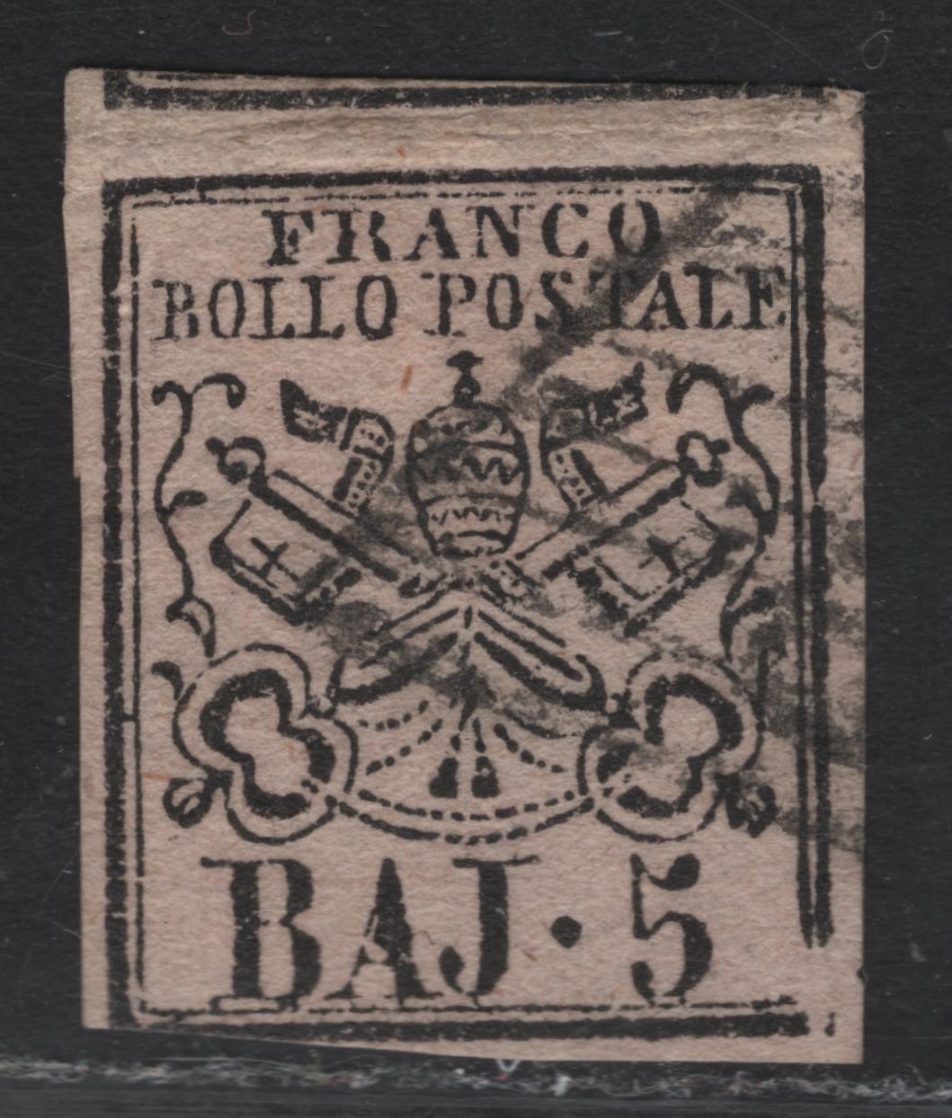 Lot 16 Roman States SC#6 5baj Black on Rose Papal Arms, 1852 Arms Issue, A Fine Used Single, Full Margins To Just Touching At Lower Left, Has All 8 Characteristics of the Genuine Stamp