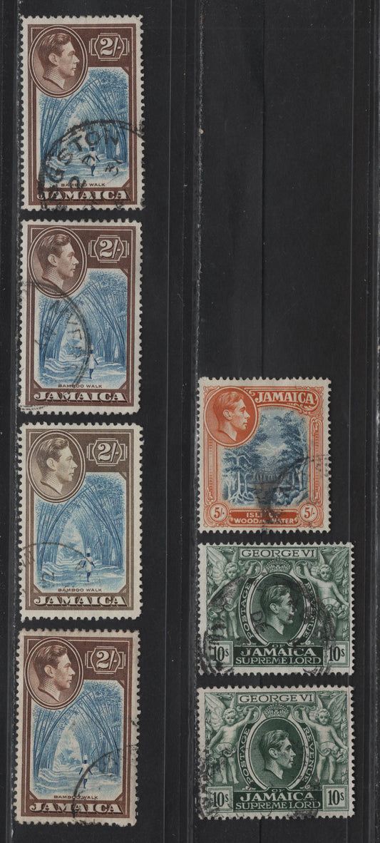Lot 161 Jamaica SG#131-133, 133aa 2/- - 10/- Blue & Chocolate - Myrtle Green Bamboo Walk - Tobacco Growing, 1938-1952 KGVI Pictorial Issue, 7 Fine/Very Fine Used Singles, 10/- Are perfs 14 & 13, 5/- Comb Perf 14