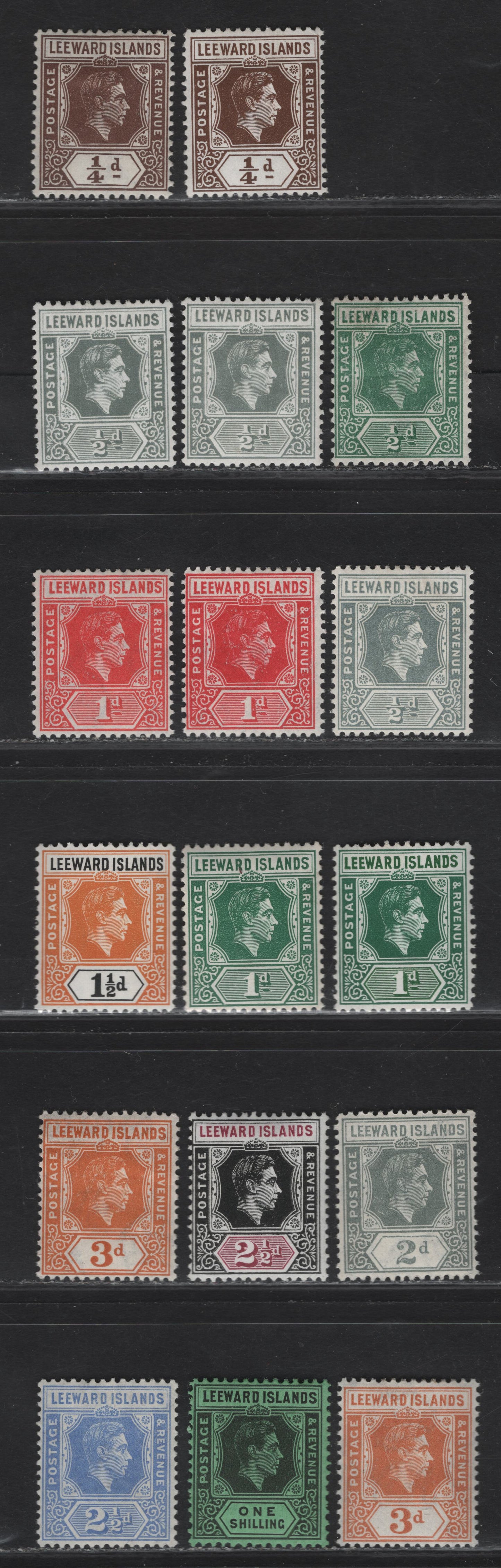 Lot 163 (C) Leeward Islands SG#95-a, 96-97, 99b-c, 100, 102-103, 105a, 107a, 110b 1/4d - 1/- Brown - Black on Emerald King George VI, 1938-1951 KGVI Keyplate Issue, 17 F/VFOG Singles, Ordinary & Chalky Papers, Additional Shades