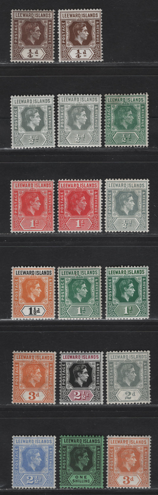 Lot 163 (C) Leeward Islands SG#95-a, 96-97, 99b-c, 100, 102-103, 105a, 107a, 110b 1/4d - 1/- Brown - Black on Emerald King George VI, 1938-1951 KGVI Keyplate Issue, 17 F/VFOG Singles, Ordinary & Chalky Papers, Additional Shades