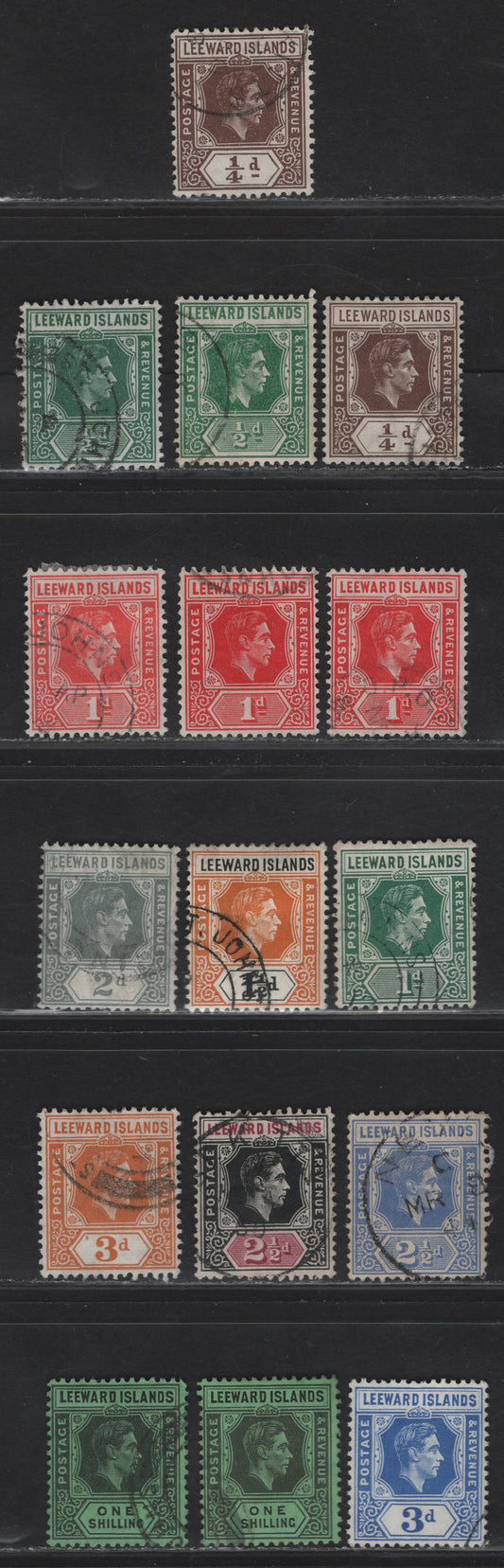 Lot 165 (C) Leeward Islands SG#95-96, 98-99,c, 100, 102-103, 105a, 106, 107a, 108, 110,b 1/4d - 1/- Brown - Black on Emerald King George VI, 1938-1951 KGVI Keyplate Issue, 16 Fine/Very Fine Used Singles